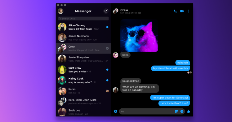 Facebook Messenger desktop app with dark mode
