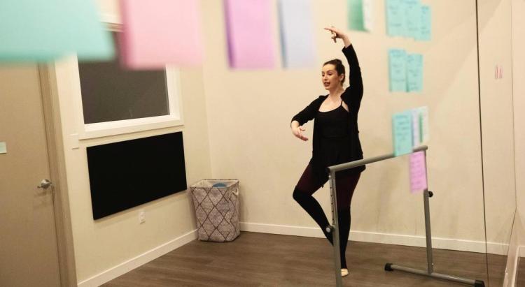 Dance instructor Anneliese Suda teaches a pre-teen junior company ballet class through Zoom at Sierra Madre Dance Center, which is closed during the global outbreak of the coronavirus disease, April 1, 2020
