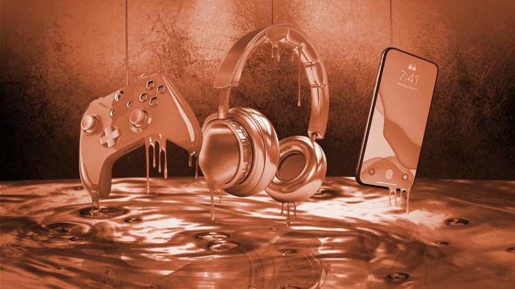 gaming remote, headset, and smartphone dripping in metallic material