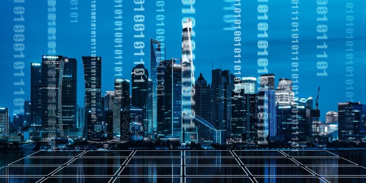 a city skyline partially made up of binary code