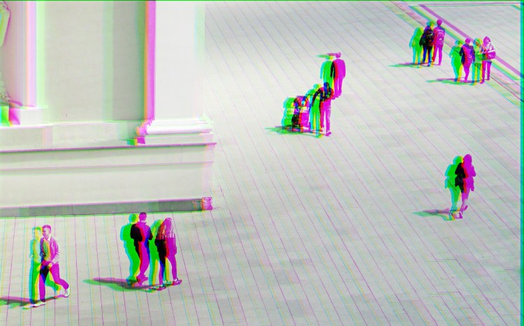 Birds eye view of people colored pink and green