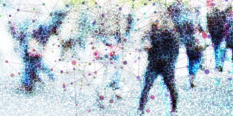 Image of interconnection dots and lines with the shadow of a person on the side