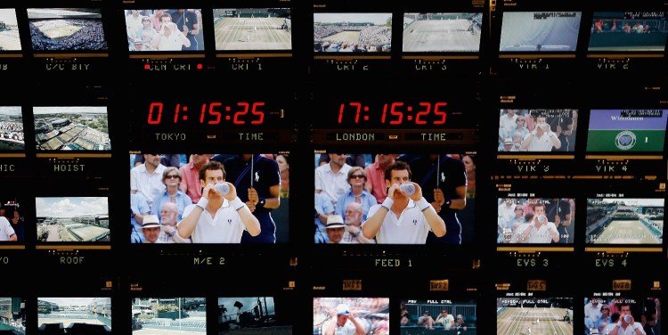 TV monitors inside the broadcast centre on Day Eleven of the Wimbledon Lawn Tennis Championships at the AELTC on July 3, 2009 in London, England. 