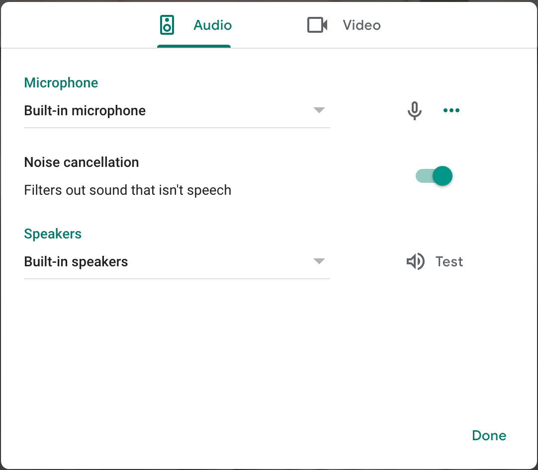 Google Meet audio settings with noise cancellation