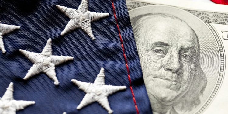 Close-up of Money and Flag.