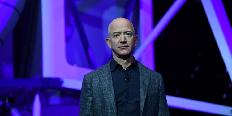 Founder, Chairman, CEO and President of Amazon Jeff Bezos unveils his space company Blue Origin's space exploration lunar lander rocket called Blue Moon during an unveiling event