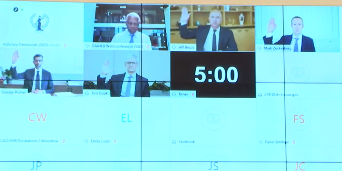 Amazon CEO Jeff Bezos, Facebook CEO Mark Zuckerberg, Google CEO Sundar Pichai, Apple CEO Tim Cook being sworn in on Webex