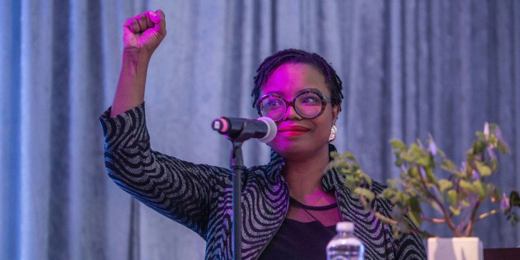 Dr. Fallon Wilson speaking at an Afrotech conference session helpd at the Kapor Center in Oakland, California in fall 2019