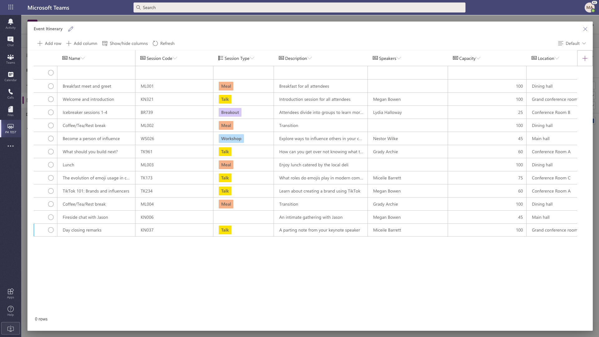 Microsoft Teams event itinerary