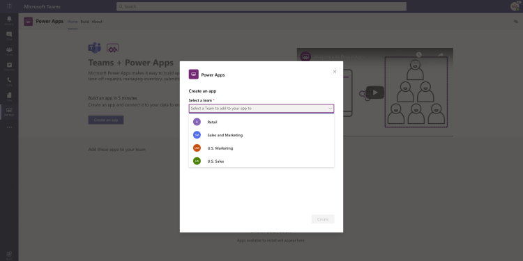Microsoft Teams create a Power App