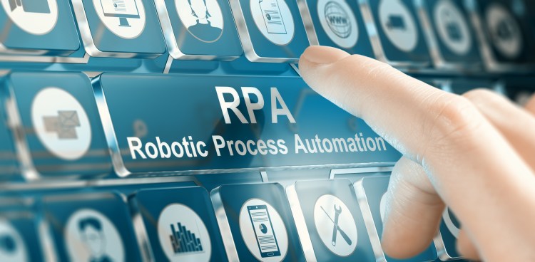Woman using a RPA Robotic Process Automation system by pressing a button.