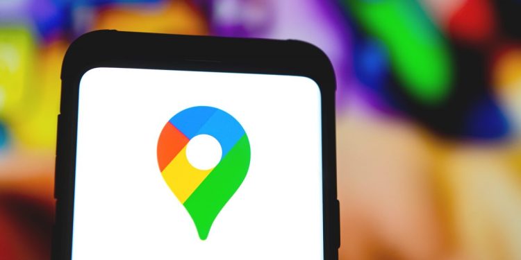 A Google Maps logo seen displayed on a smartphone. 