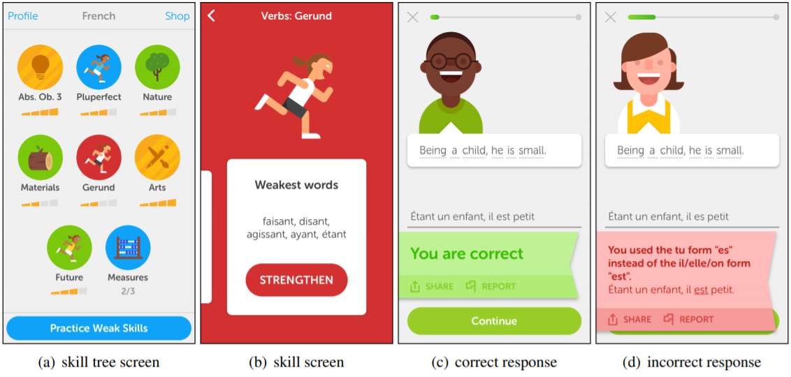 Duolingo screenshots for an English-speaking student learning French
