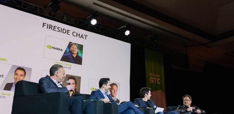 Inception Showcase from 2019. Left to right: Jeff Herbst; CTO Eli David; OmniSci CEO Todd Mostak; and Jensen Huang.