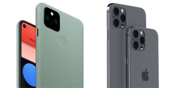 The Pixel 5 is shown against a render of two iPhone 12 models.