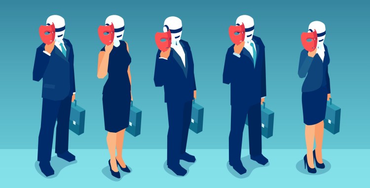 Vector of robot candidates replacing humans hiding behind masks