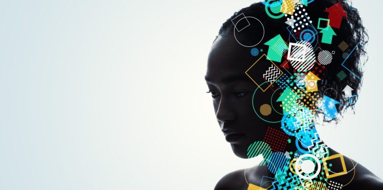 Silhouette of a woman offset by AI images and various other digital tool icons.