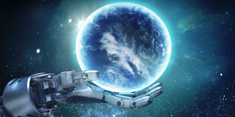 Image of a robot hand holding a globe.
