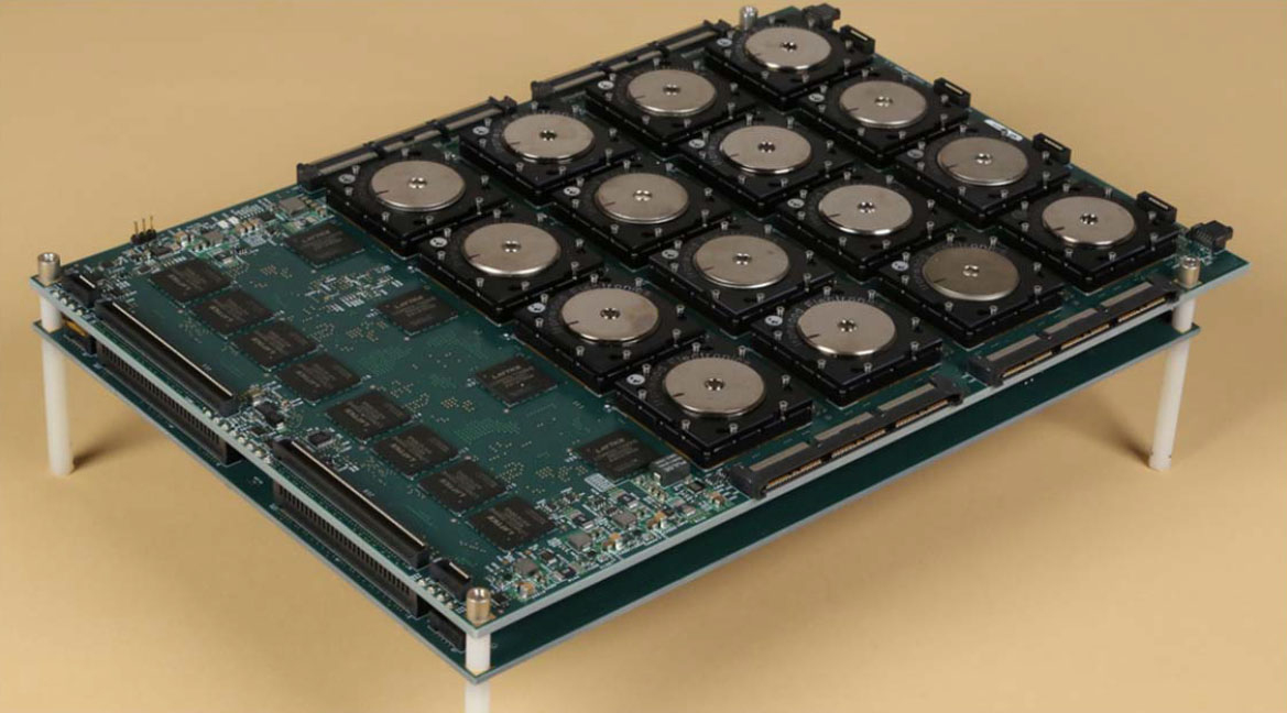 A 4x4 array of neuromorphic chips, released as part of DARPA’s SyNAPSE project. Designed by IBM, the chip has over 5 billion transistors and more than 250 million “synapses.”