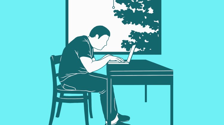 Illustration of man using laptop against window representing working at home