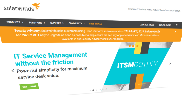 SolarWinds homepage