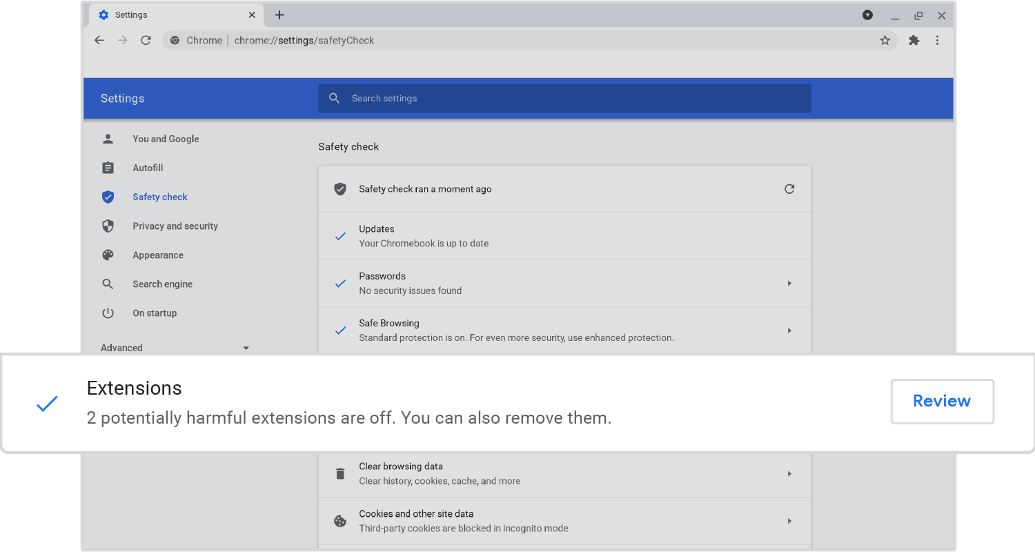 Chrome potentially harmful extensions disabled