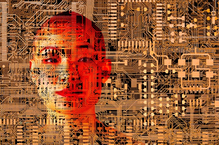 human face over microchip circuits