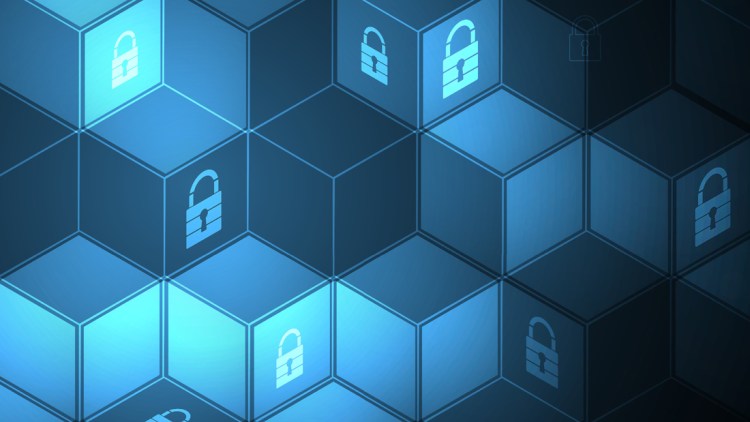 An image of several tessellated cubes. The faces of some cubes has the image of a lock on them.