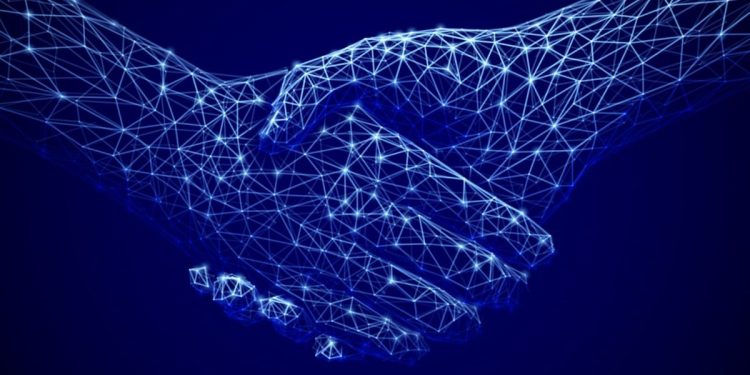Abstract technology background. Digital handshake