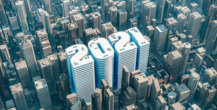 3D illustration of year 2021 shaped building in downtown modern city