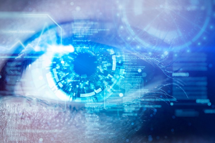 Eye with the futuristic circular element showing data screen panel.