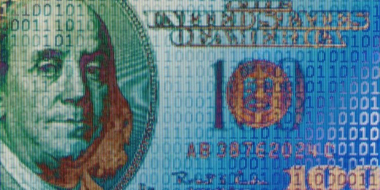 An image of digital money with AI code and binary written over it