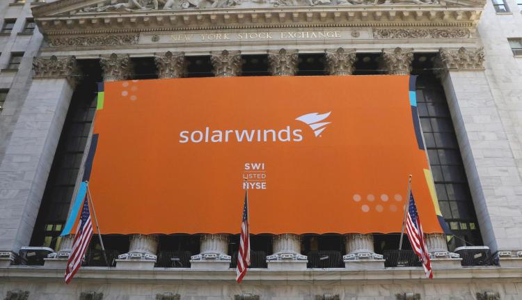  SolarWinds Corp banner hangs at the New York Stock Exchange (NYSE) on the IPO day of the company in New York, U.S., October 19, 2018.