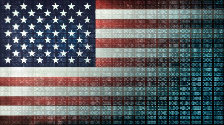 Binary code, ones and zeros in a 1970 dot matrix font on a distressed US Flag faded to data 1010110 columns.