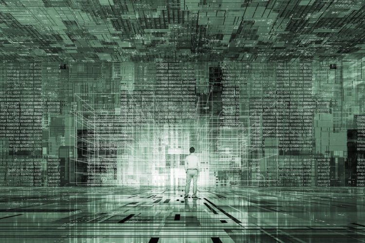 Person surrounded by walls of data