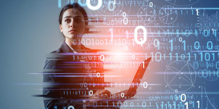 A person using AI. Graphic of a person surrounded by numbers and code.