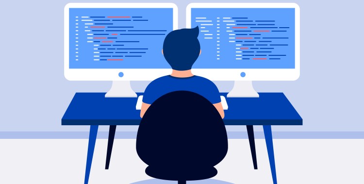 Programmer working. Man and 2 laptop screen with program code