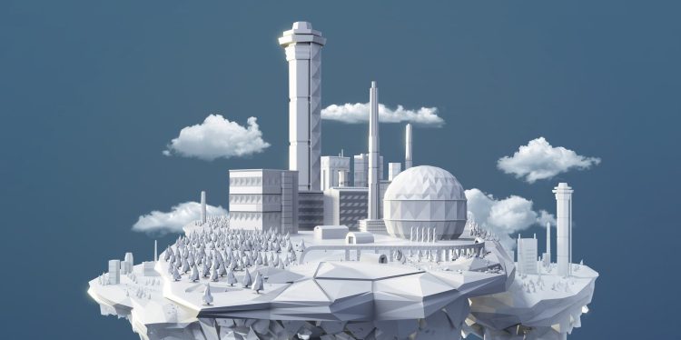 Polygonal factory site island floating with clouds.