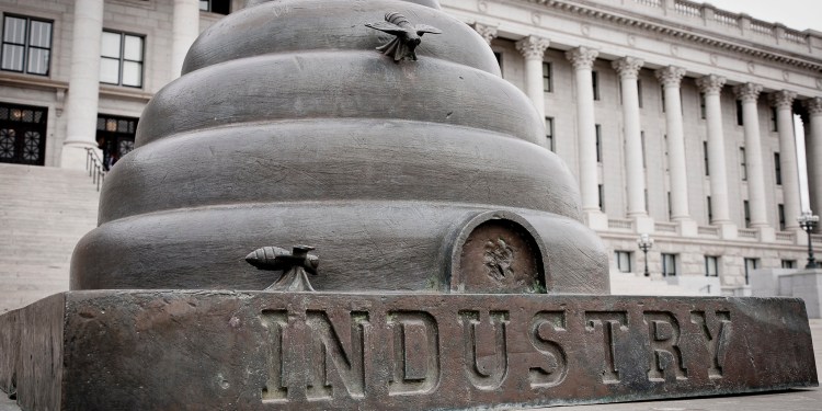 Beehive statue at the Utah State Capitol building in Salt Lake City. The beehive is the <a href="https://digitallibrary.utah.gov/awweb/awarchive?item=78267">official emblem of the state of Utah.</a>
