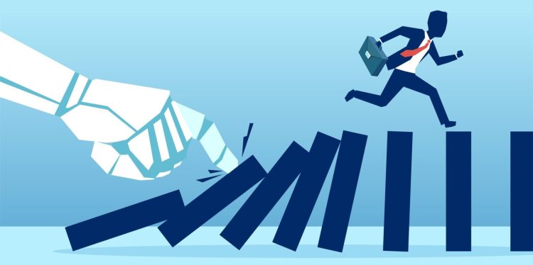Vector of a robot hand pushing dominoes while businessman runing away from falling effect. Human vs AI concept, automation