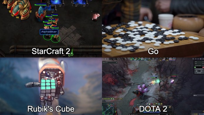 Screengrabs of StarCraft, Rubik's Cube, Go, and DOTA