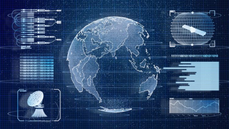 Blue digital HUD Earth world information scanning hologram user interface background. Military and Space technology concept.