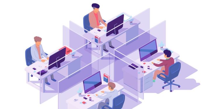 Isometric 3d workplace with four sections and businessman programmer at computer. Concept employee men with electronic device and equipment. Low poly. Vector illustration.