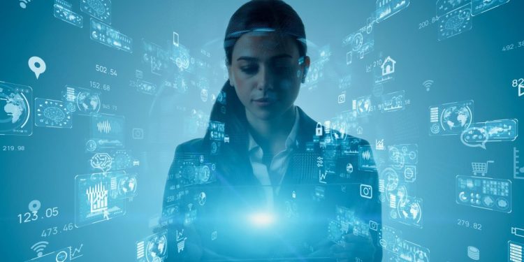 Image of a woman covered in code and AI programming language