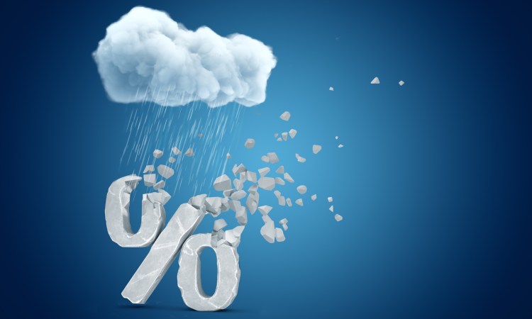 3d rendering of white rainy cloud above grey percent "%" sign shattering into small pieces on blue background