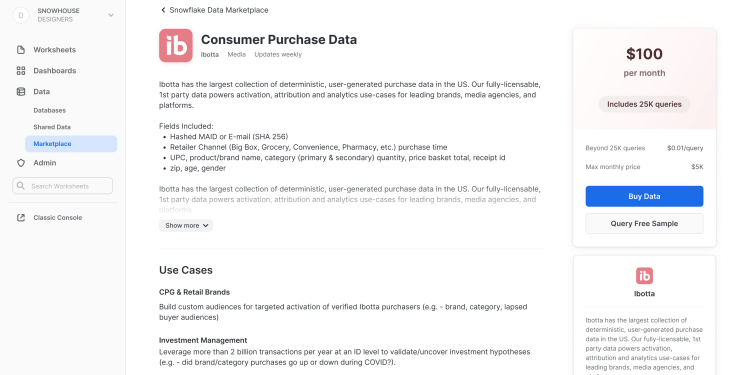 The listing detail page for the Snowflake Data Marketplace