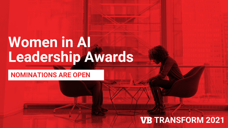 Two women at laptops with a red tint, and text describing the Women in AI Awards at VB Transform 2021