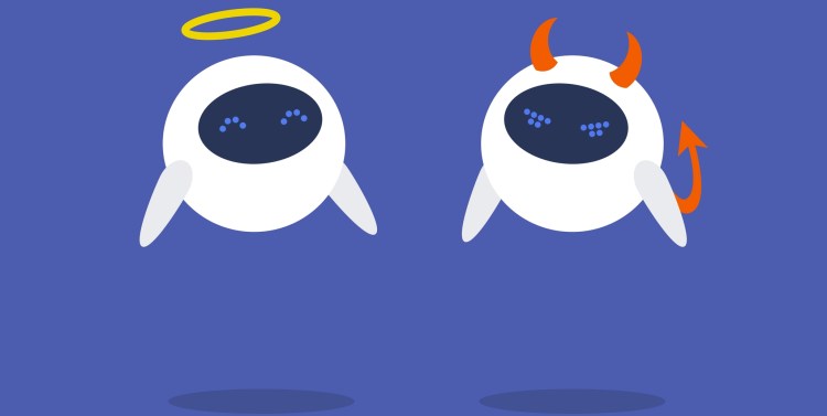A pair of robots dressed like an angel and a devil