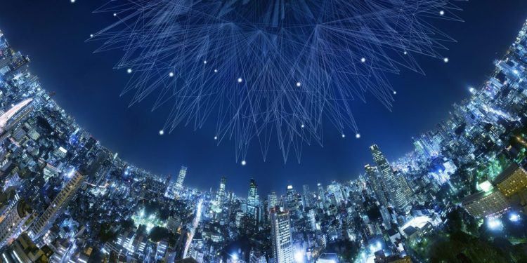 Artificial intelligence above a city night view.