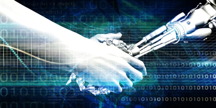 Engineering Technology with Robotic Arm and Human Hand Handshake